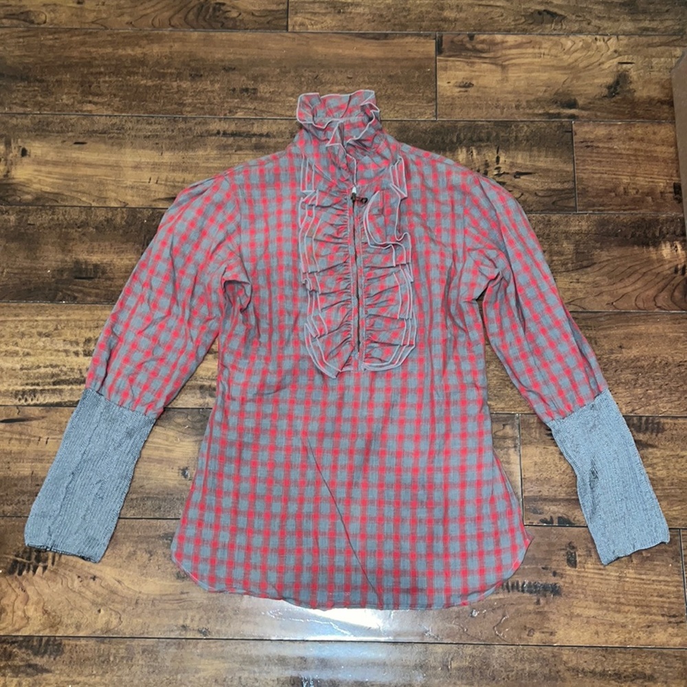 Billy Reid Women’s Red & Gray 100% Cotton Half Zip Dress Shirt. Size 2.